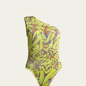 Bottega Veneta One-Shoulder Yellow Multicolor Textured One-Piece